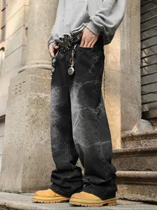 Men's American Retro Vintage Washed Plain Loose Fit Wide Leg Natural Waistline Denim Jeans, Street Style High Street Straight Long Pants, Trouser, Zipper Fly, All Seasons, Classic, Streetwear, Menswear, Casual Loose Jeans