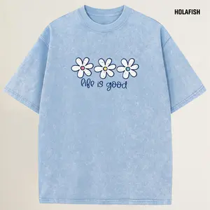 Holafish Women's Acid Wash Oversized Tee, Relaxed Fit Soft Premium Fabric, Daisy Trendy Cute Print, Breathable Casual Top for Summer Everyday Wear