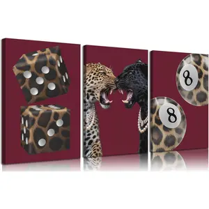 Ornaments Artistic Photo Inner Wooden Framed 3pcs 12L x 16H Trendy Leopard Canvas Wall Art Funky Lucky 8 Ball Pictures Wall Decor Eclectic Cheetah Preppy Aesthetic Posters Prints Paintings For Bedroom Dorm Living Bathroom Decoration Prepare To Hang