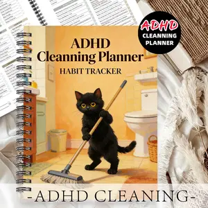 1pc ADHD Cleaning Planner Themed Subject Notebook, Black Cat Habit Style - for Housewives, with A Black Cat Cleaning The Bathroom Pattern. Habit Tracking Book, Daily Planning Book for Habit Formation and Self-management. 5.5x8.3 Inch Notebook