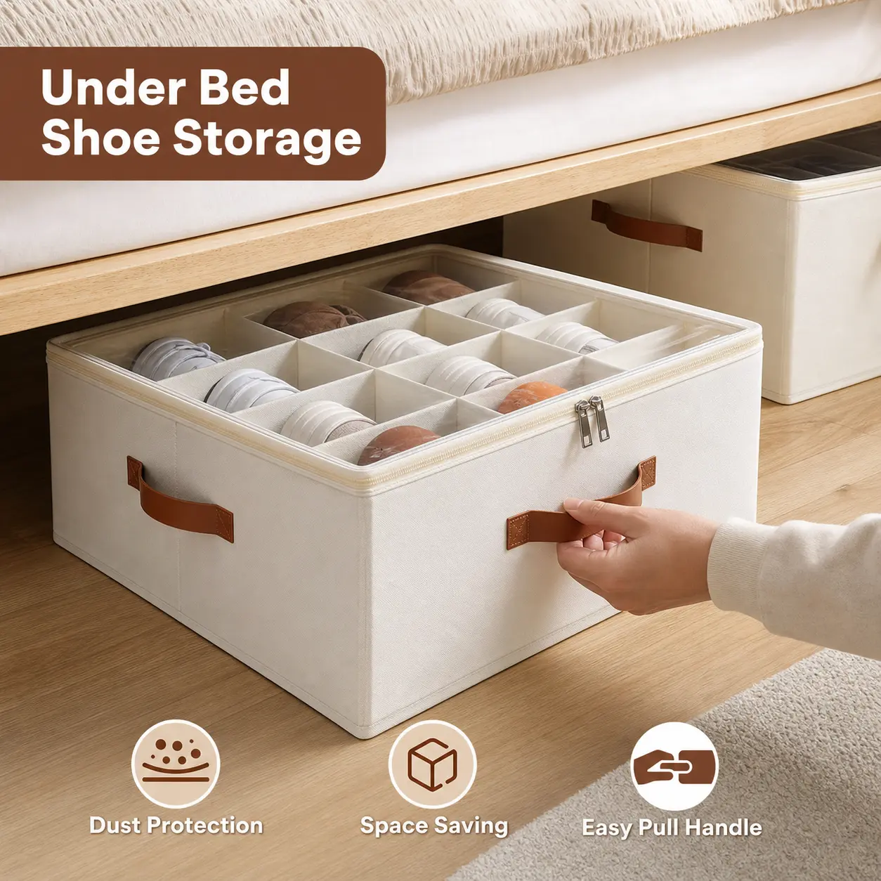 Shoe Organizer for Closet, Foldable Fabric Shoe Storage Box with 16 Adjustable Compartments, Clear Zippered Dust Cover and 3 Reinforced Handles, Holds Up to 16 Pairs of Sneakers, Flats and Sandals for Bedroom, Entryway and College Dorm Room