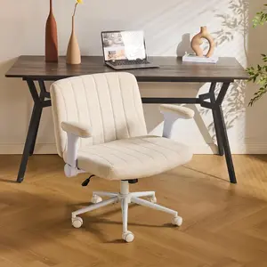 VINGLI Criss Cross Chair with Adjustable Flip-Up Arms,Cross Legged Chair with Wheels, Extra Wide Office Chair,Cozy Desk Chair for Home Office, Vanity, Apartment,Chenille Velvet,Beige