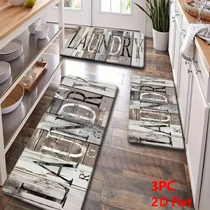 2/3 Piece Flannel Kitchen Floor Mat Set, Vintage Wood Color Laundry Design, Anti-Slip, Absorbent, Home Decor
