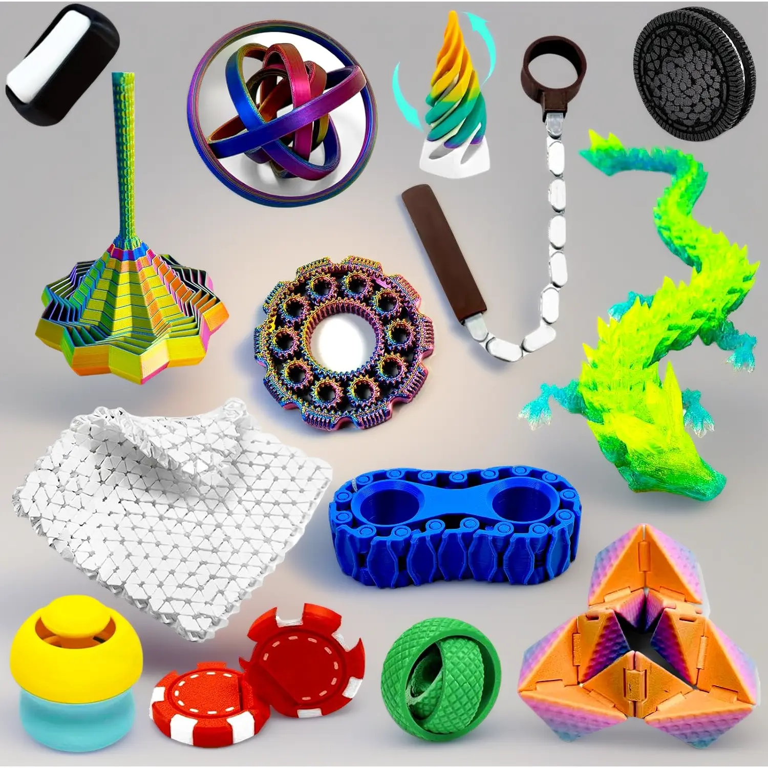 Unisex 14-in-1 3D Printed Dog & Cat Stress Relief Toolbox Set - Includes Clicker, Dragon, Gyro & More for Relaxation, Premium Pet Owner Gift, Anxiety Aid