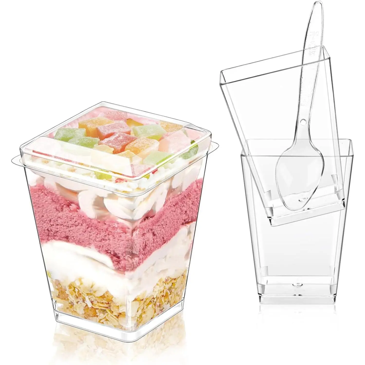 Durable Plastic Polystyrene 20-Pcs 5oz Disposable Square Dessert Cups with Secure Lids, Comfortable Grip Spoons - Stackable Individual Cups for Storage, Ideal for Fruit Parfait, Baby Shower Party Supplies
