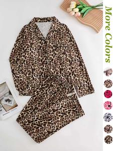 women's leopard print longsleeves shirt & elastic waist pants pyjama two-piece set, casual pocket long sleeve top & trousers pj set, loungewear, homewear, nightwear lounge set, soft lounge sets, lady matching pj set, casual pajama set