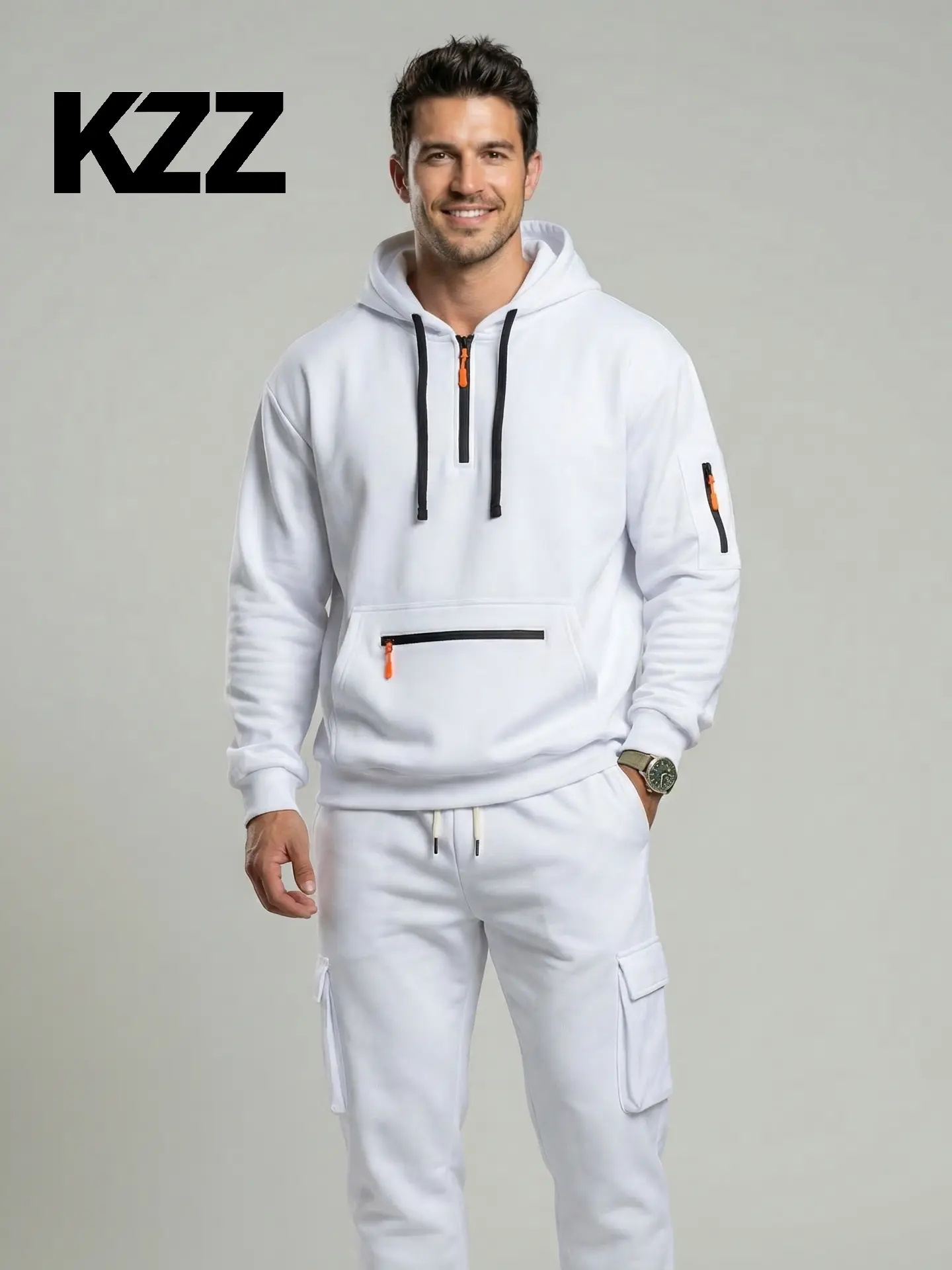 KZZ Men's 2 Piece Activewear Set, Long Sleeve Fleece Lined Workwear Jacket and Pants with Multiple Pockets for Winter