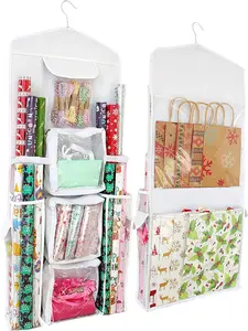 Double-Sided Gift Wrap Organizer - White Hanging Wrapping Paper Gift Bag Storage Holder with Pockets