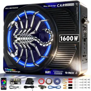 1600W Slim Underseat Car Subwoofer and Amp Package with Built-in Amp RGB Beat Light Low Pass Gain Bass Boost Control for Truck SUV Car Audio Deep Bass Subwoofer