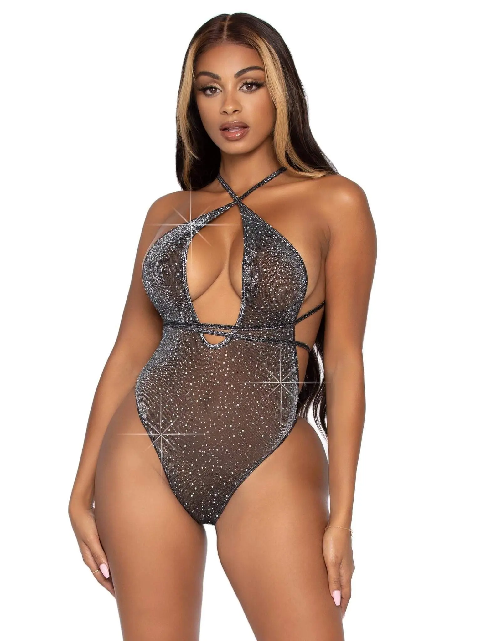 Women's Shimmer Lingerie Bodysuit with Plunging V-Neck, Convertible Strappy Open Back and Rhinestones in Sheer Lurex Fabric, Teddy, Panty, Convert Straps, Adjustable Strap, Basic, Deep V Neck, Stockings, Cold Hand Wash