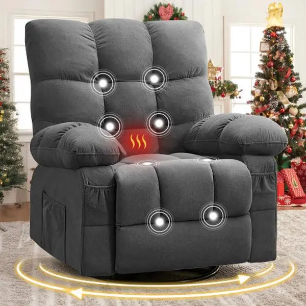 Heavy-Duty Oversized Massage Swivel Recliner Chair (350LBS+ Capacity) - 360-Degree Swivel, 155-Degree Recline, 8 Vibration Nodes, Lumbar Heating, USB Port, Side Pocket, Lightweight, Easy Assemble - Living Room Single Sofa for Adults (Gray), Stress Relief,