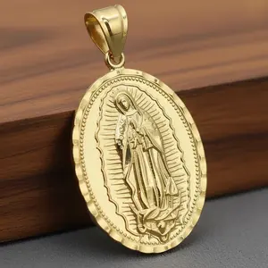 HIGH-END BRASS 14K SOLID GOLD PLATED GUADALUPE MOTHER MARY FASHION OVAL RELIGIOUS CHARM PENDANT JEWELRY