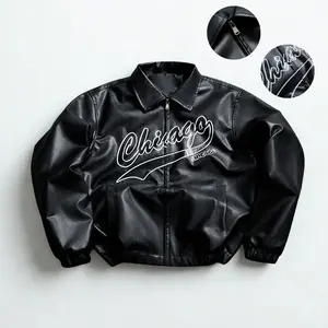 Men’s Leather Jacket Vintage Letter Print Turn-Down Collar Zip-Up Street Style Casual Motorcycle Jacket