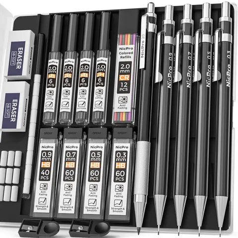 Nicpro Artist Quality Mechanical Pencil Set with Case - 5 Drafting Pencils (0.3mm,0.5mm,0.7mm,0.9mm,2.0mm), 2H/HB/2B/4B Graphite Cores, 9 Refills, 2 Erasers, Fine Writing Tools for Office Stationery Supplies