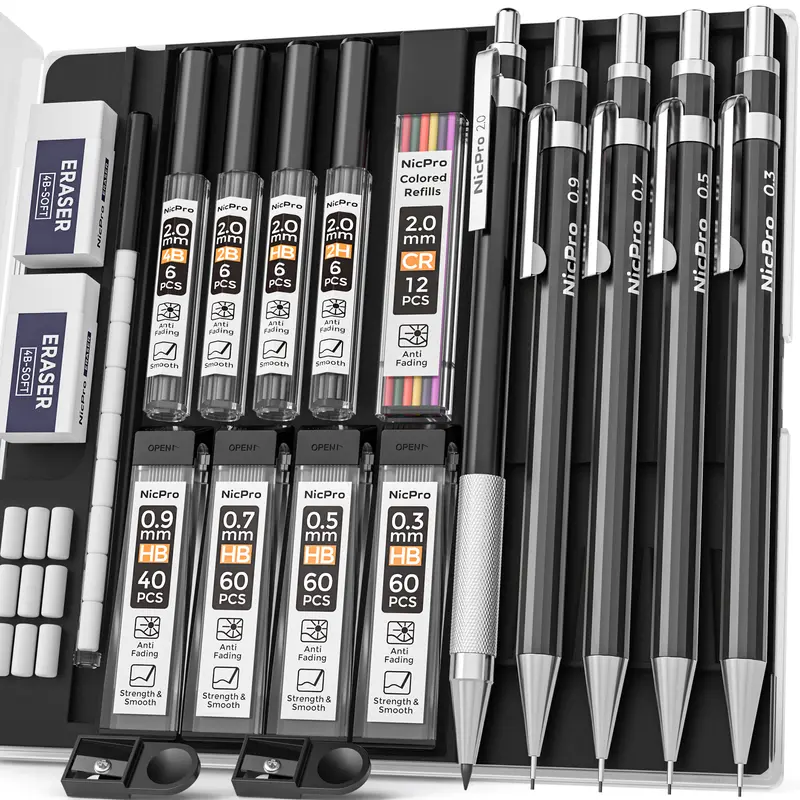 Nicpro Artist Quality Mechanical Pencil Set with Case - 5 Drafting Pencils (0.3mm,0.5mm,0.7mm,0.9mm,2.0mm), 2H/HB/2B/4B Graphite Cores, 9 Refills, 2 Erasers, Fine Writing Tools for Office Stationery Supplies