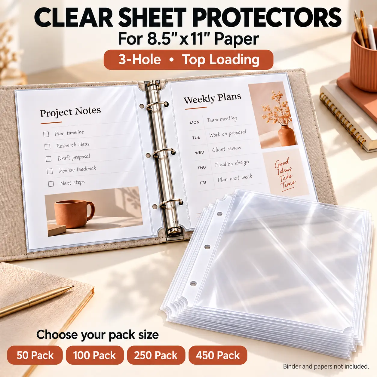 KTRIO Clear Sheet Protectors, 3-Hole Top-Loading Sleeves for 8.5 x 11 Inch Paper, Binder Page Protectors for School Notes, Recipes & Office Documents