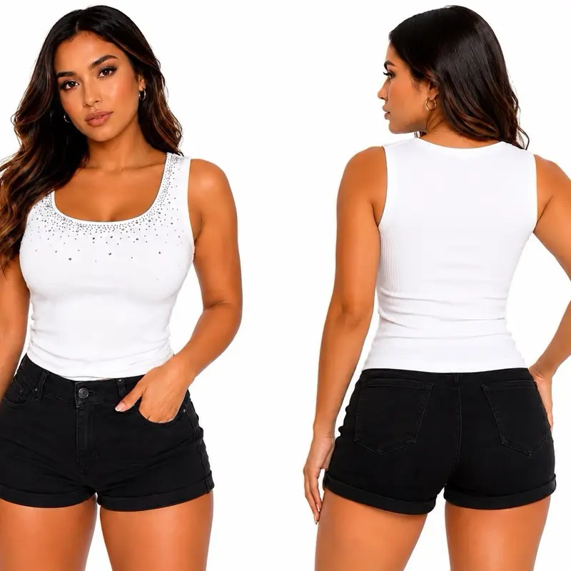 Women’s Ribbed Rhinestone Tank Top – Sleeveless Square Neck Stretch Camisole