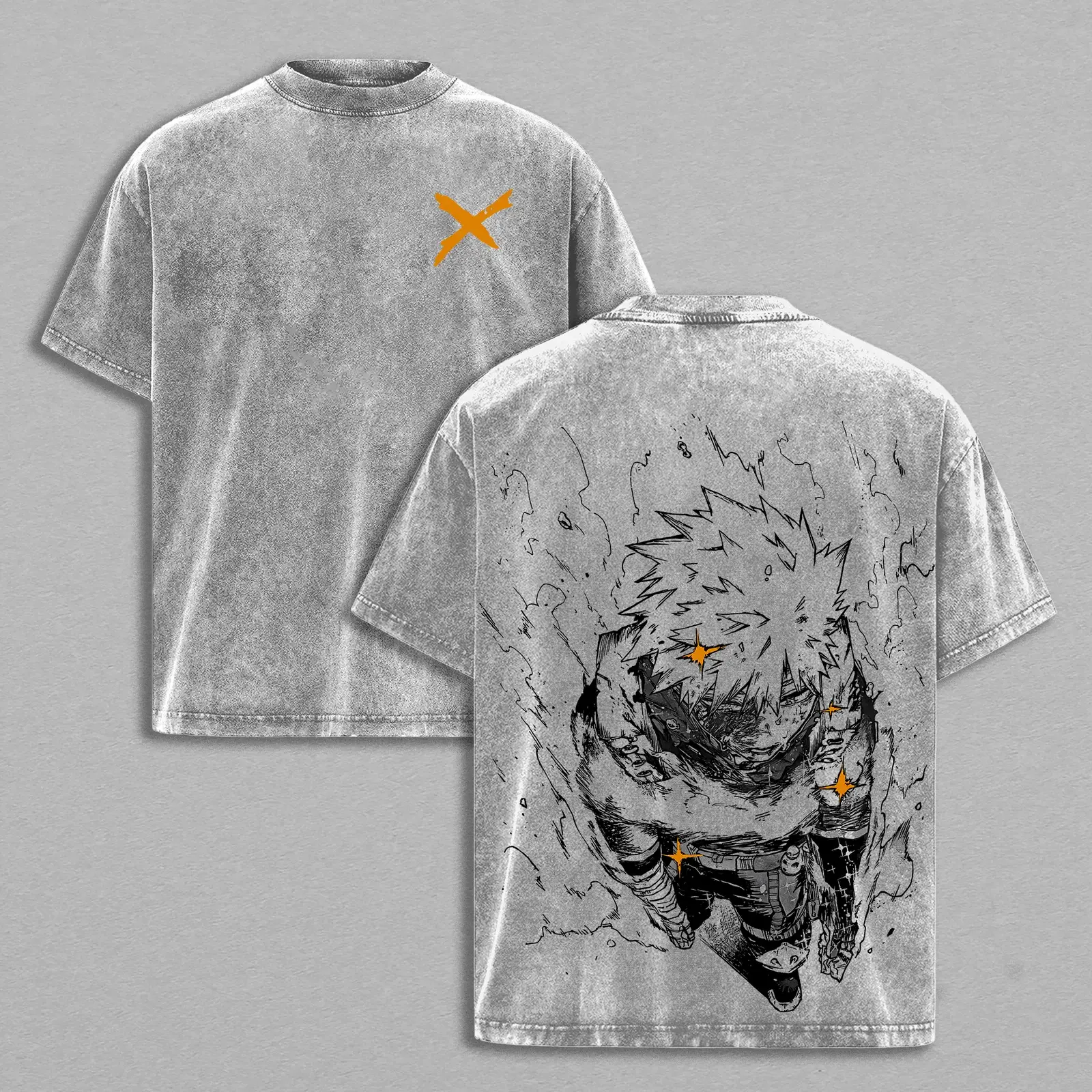 Bakugo Explosion Hero Vintage Washed Oversized Tee – My Hero Academia Heavy Cotton Double Printed Anime Streetwear T-Shirt, Retro Anime Streetwear for Men and Women
