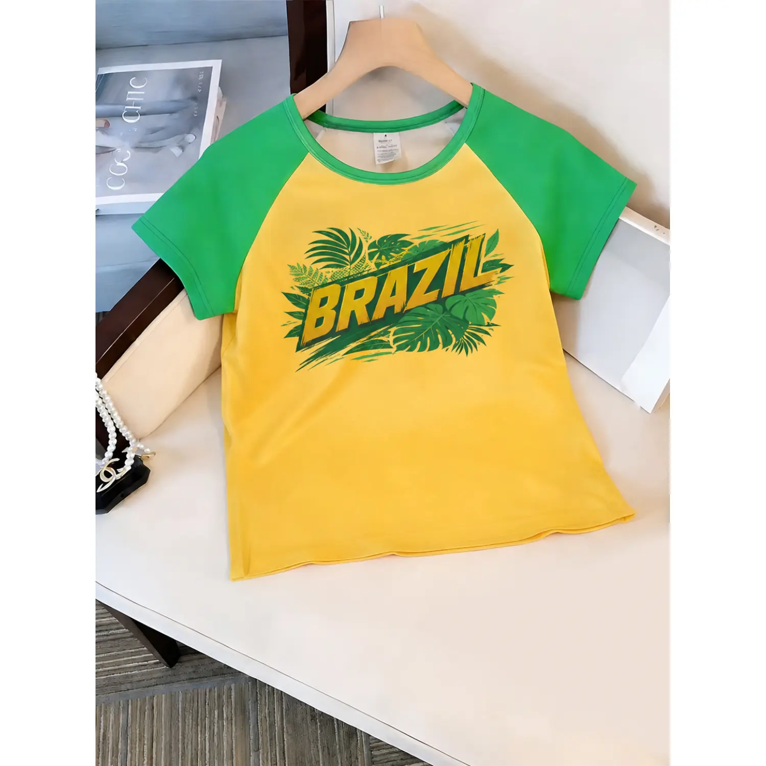 Brazil Graphic Women's Yellow and Green Raglan Soccer Jersey, Casual Short Sleeve Sports Shirt for Fans and Daily Wear