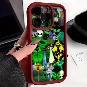 Alien And UFO Pattern Collage Suitable Phone cases Case Compatible with iPhone 17 Pro Max 16 16e 15 14 Plus 13 12 Mini 11 Air X XS Pattern TPU Lens Protection Durable Soft Cover Gift 2D printing