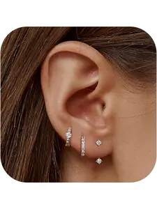 3 Pairs Sterling Silver Stud Hoop Earrings Set for Women 14K Gold Plated Earrings Stacks Dainty Small Stud Hoop Earrings Sets for Multiple Piercings