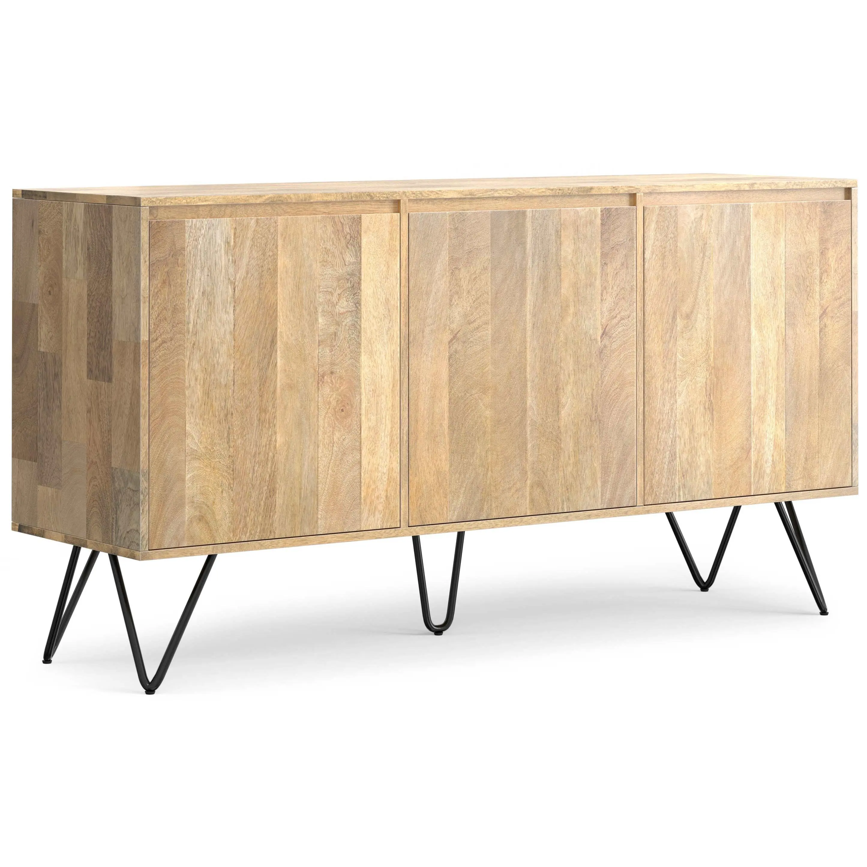 Hunter 3-Door Mango Wood Buffet Sideboard - Industrial Metal-Frame, Modern Accent Cabinet, High Capacity Dining Room Furniture with Hidden Pulls, Natural Grain & Hidden Door Panel, Buffet Sideboard Cabinet