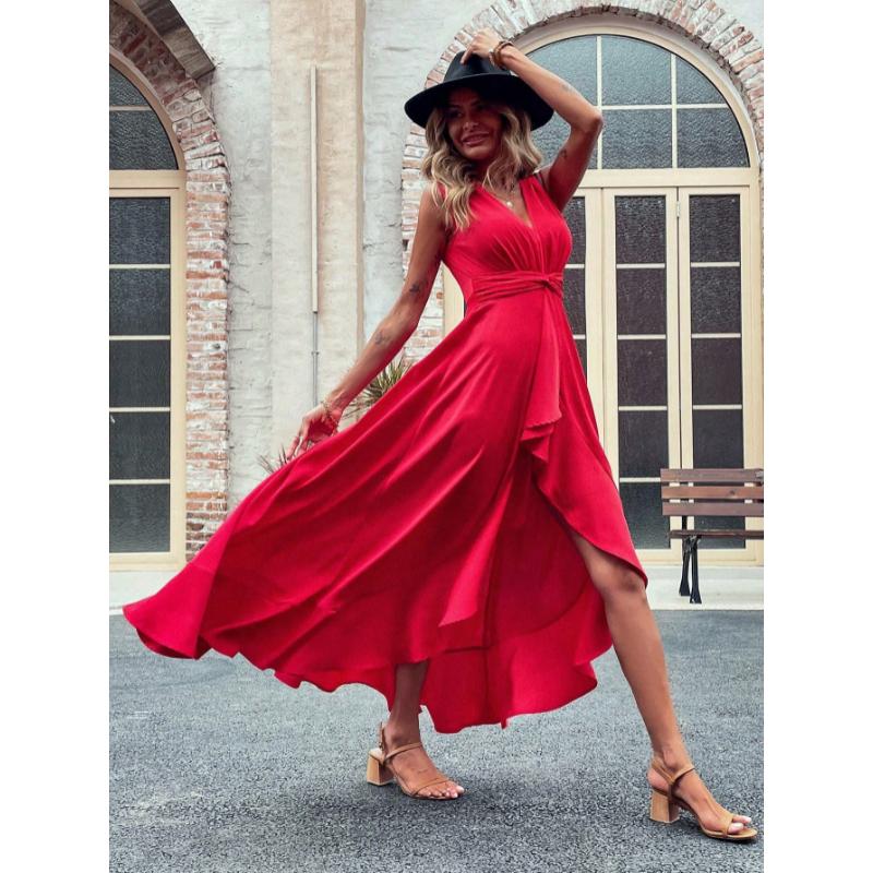 SHEIN Clasi Women's Pleated Waist High Low Hem Sleeveless Dress For New Year Clothes Maxi Women Outfit