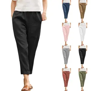 Womens Casual Cotton Tapered Capri Cargo Pants Loose Elastic Waist Ankle Cropped Trouser with Pockets