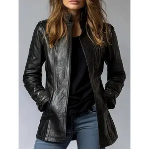 Women's distressed faux leather jacket, casual zip-up stylish bomber jacket with pockets