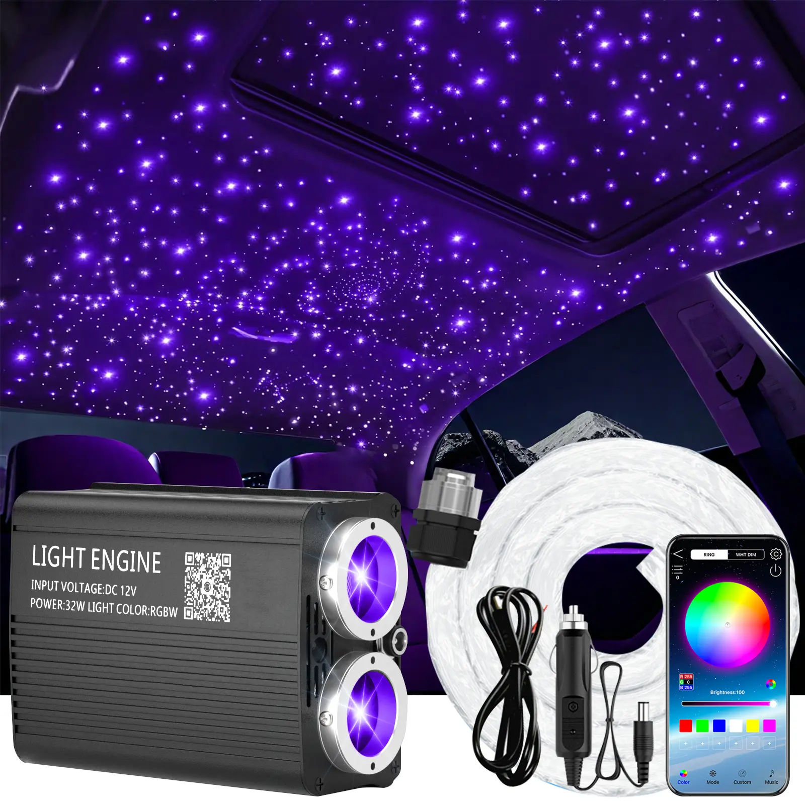 32W Twinkle 1000pcs*0.03in*9.8ft Fiber Optic Star Ceiling Light Kit with Music Mode Sound,for Car/Home/Party/Theater, Truck SUV Jeep Sunroofs, Curved Ceiling，Jeep Wrangler, Bluetooth APP Control Remote Rgb Backlit