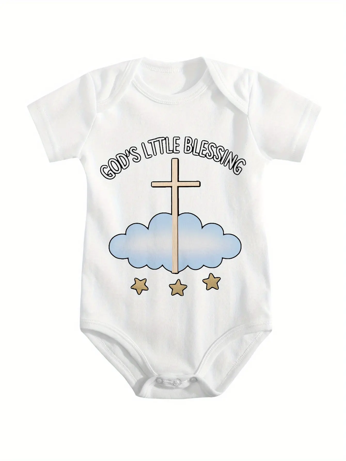 White Unisex Baby Short Sleeve Onesie, God's Little Blessing Cross Cloud Star Religious Faith Newborn Cotton Bodysuit