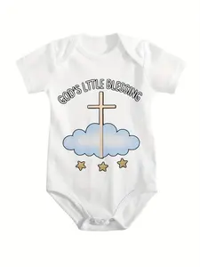 White Unisex Baby Short Sleeve Onesie, God's Little Blessing Cross Cloud Star Religious Faith Newborn Cotton Bodysuit