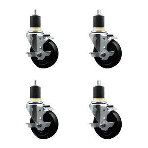 Soft Rubber Swivel Expanding Stem Caster Set of 4 with 4 Inch Black Wheels and 1-7/8" Stems - Includes 4 Swivel with Top Locking Brakes - 200 lbs. Capacity Per Caster - Service Caster Brand