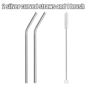 Stainless Steel Straws, 3-Piece Set Reusable Metal Drinking Straws, Food Grade 18/8 Bent Straws, Includes Cleaning Brush, Utensils