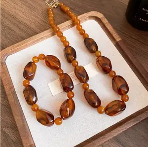 Ladies Necklace set amber Stud Earrings Jewelry Set For Women Girls Bohemian Vintage