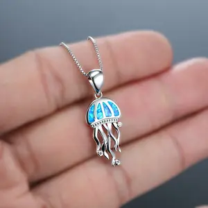 2023 New Fashion Ocean JellyfishPendant Necklace Geometric Blue Opal Stone Necklaces For Women Custom Jewelry