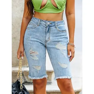 Women's Summer Denim Jeans High Elasticity Mid-Waist Slim Fit Pants, Washed Blue Ripped Design Button, Casual Style Womenswear