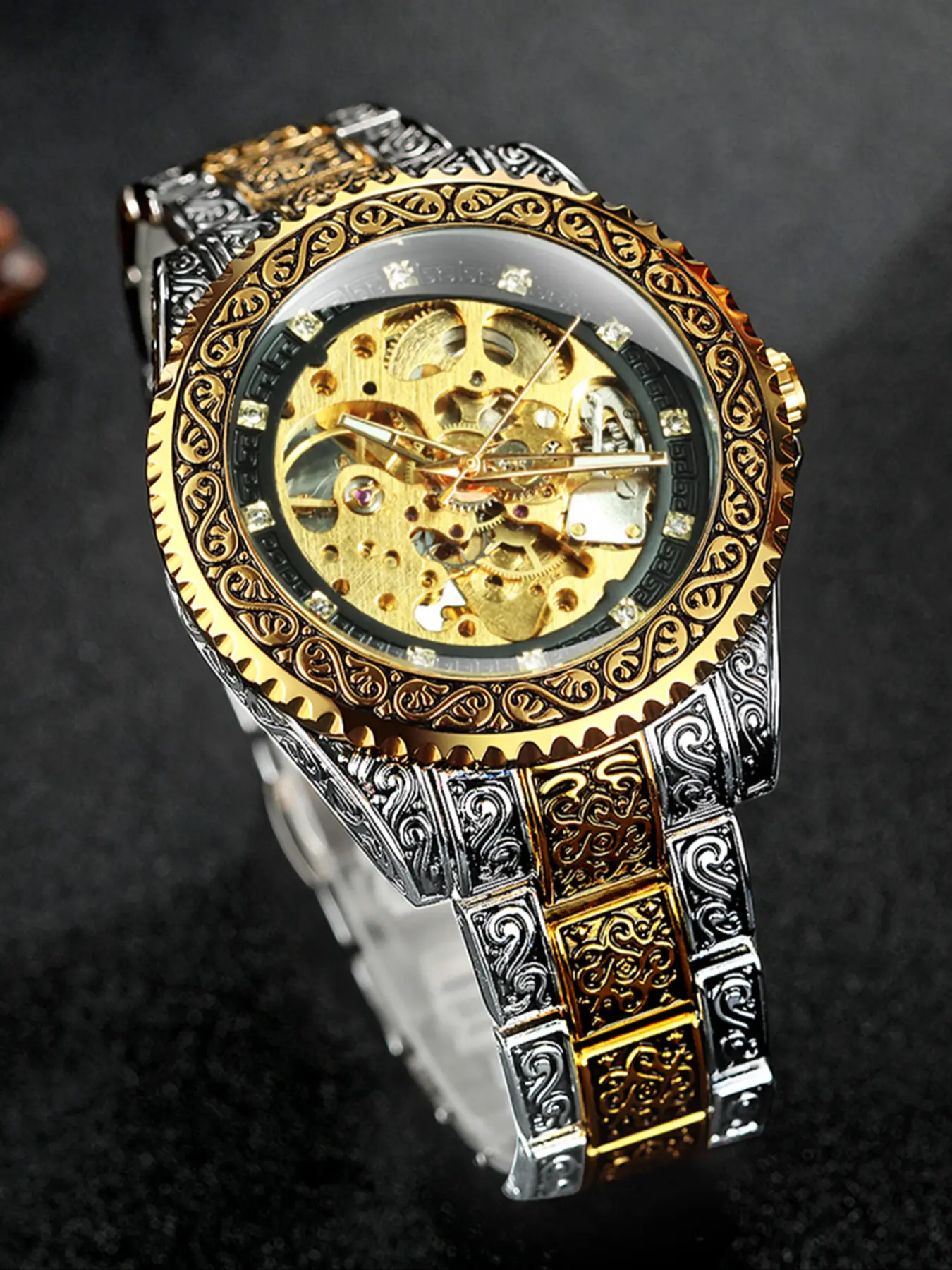 1pc Men's Luxury Vintage Skeleton Automatic Mechanical Watch Luminous Hands Rotating Bezel Iced Out Design Dial Stainless Steel Strap Business Casual Mens Watches Gifts