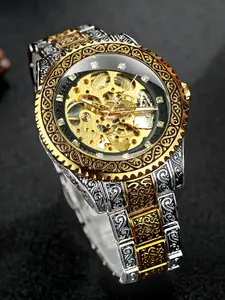 1pc Men's Luxury Vintage Skeleton Automatic Mechanical Luminous Analog Watch Hands Rotating Bezel Iced Out Design Dial Stainless Steel Strap Business Fashion Watch Business Casual Mens Watches Gifts