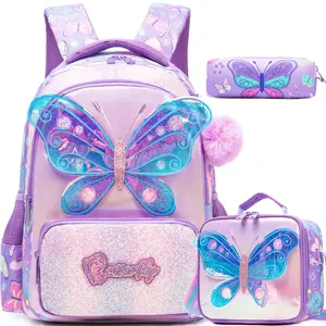 Butterfly Glitter Backpack Set for Girls – Kids School Bag with Lunch Bag & Pencil Case – Purple Sparkle Backpack for Elementary Students  adventure travel backpack box