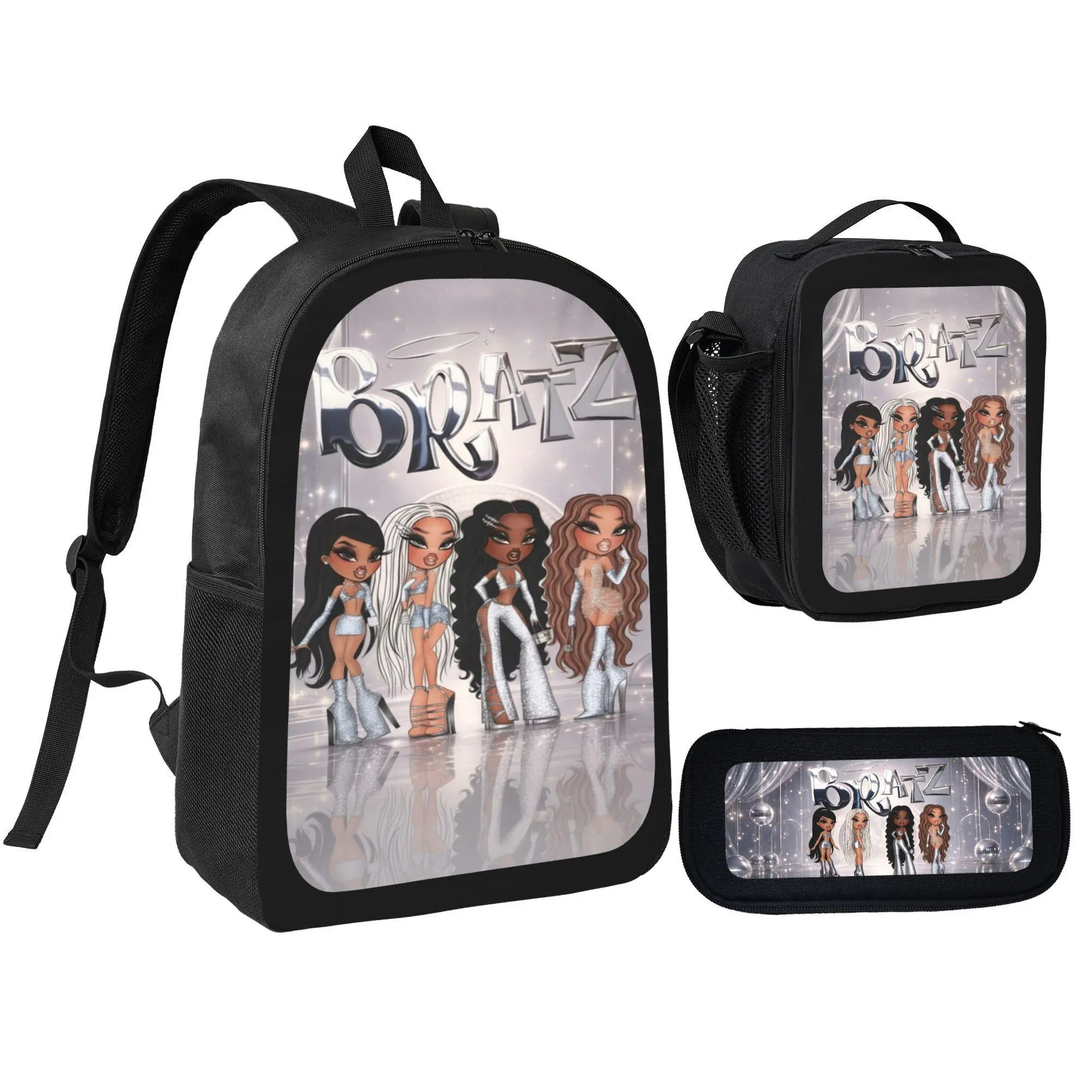 Bratz Y2K Fashion Doll Squad Print 3-in-1 Backpack Set, Polyester Large-Capacity Unisex School Bookbag with Insulated Lunch Bag & Pencil Case, Lightweight Camping Travel Daypack, Nostalgic Pop Fan Gift