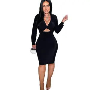 Golden Divinity No Comparing Long Sleeve Midi Dress Evening Knot Formal Spandex Womenswear Polyester with Low V Neck and Deep V Detail - Medium Elegant Stretchy Workwear Fit Comfortable