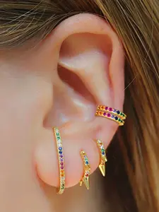 5Pcs Perfect 24K Gold Plated Cubic Zirconia Multicolor Cuffs Earrings Set For Women Colorful Zircon Stud Earrings Pack Hoop Earrings Stack Fashion Jewelry Gift