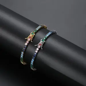 3MM Colored Zircon Rhinestones Copper Single-Row Tennis Bracelet, Daily Wear Hip Hop Costume Jewelry Accessory, Holiday Gift, Yes