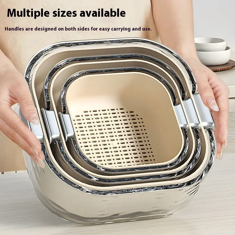 New Style Double-Layer Plastic Vegetable Washing Basin with Drain Basket, Suitable for Kitchen & Living Room Coffee Table Use