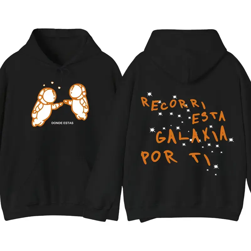 Women's Longsleeves Hoodie - Unisex Black Graphic Pullover, Astronaut and Star Front-Back Print, Casual Tops for Pairing with Jeans/Joggers, Hooded Neck, Graphic Hoodies, Cotton Blend, Double-Sided Print, Hood Neck, Unisex Cut Everyday Style, Sweatshirt