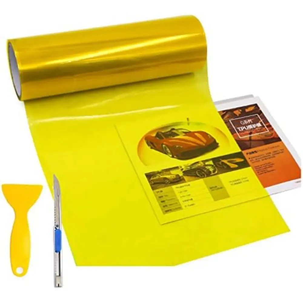 12” X 48” Tint Vinyl Film Sticker Sheet Roll For Car Headlight,Lights Lights,Fog Lights With Squeegee + Cutter (Glossy Yellow)