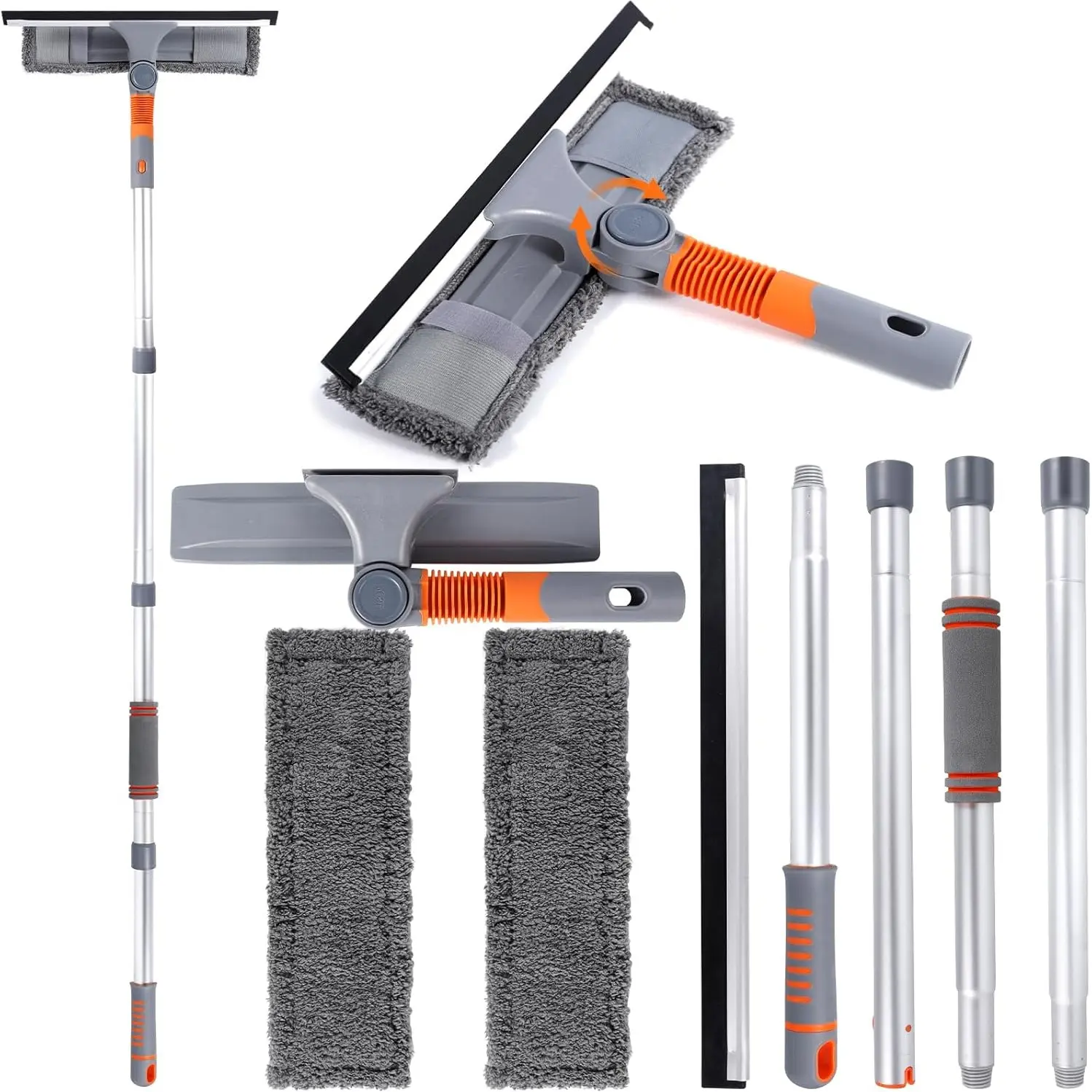 2-In-1 Extended Aluminum Rod Extension Pole, Elastic Window Cleaner Squeegee Glass Scraper Curved Dust Brush Head