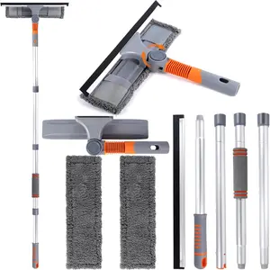 2-In-1 Extended Aluminum Rod Extension Pole, Elastic Window Cleaner Squeegee Glass Scraper Curved Dust Brush Head