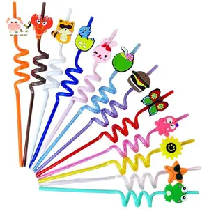 12PCS Cute Cartoon Curly Reusable Straws, Animal & Food Pattern Plastic Straws, Food Grade for Party, Birthday Decor & Daily Drinks